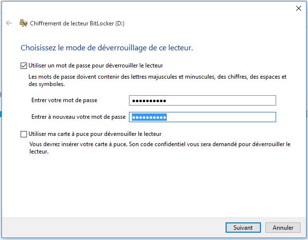 Saisi de mot de passe dans bitlocker