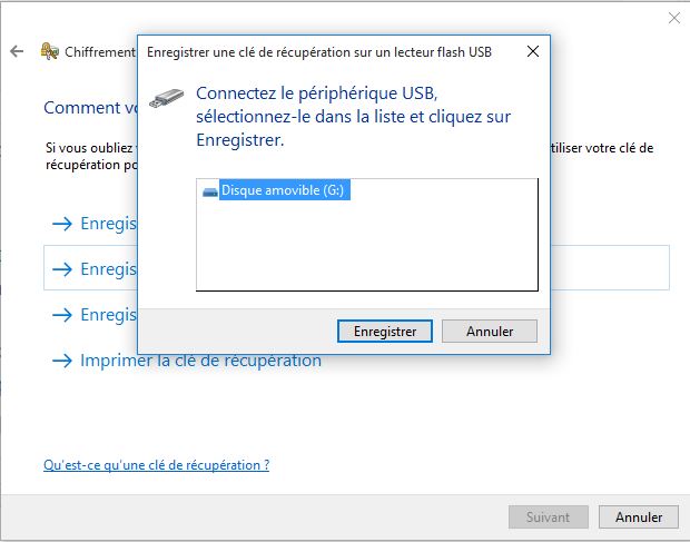 Enregistrement du fichier de recupération bitlocker