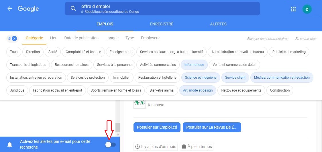 Activation des alertes pour la reception d'offres d’emploi 