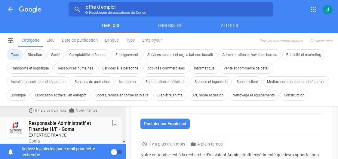 Differentes categories d'emplois