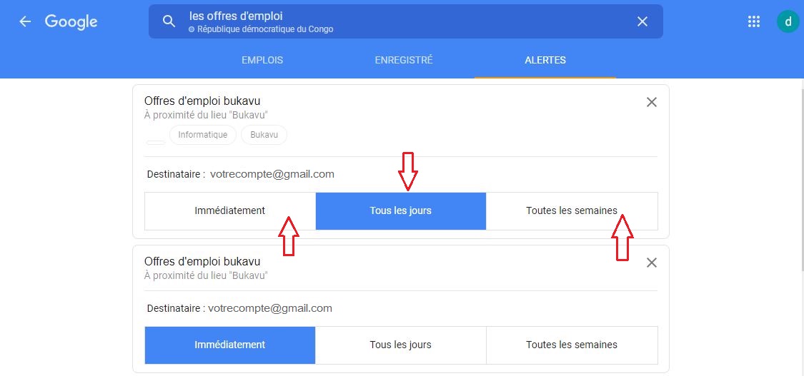 Configuration des alertes pour la reception d'offres d’emploi 