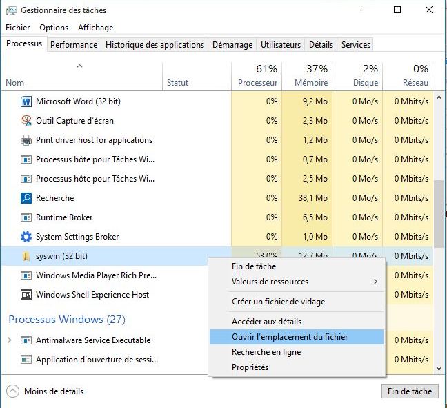 Ouverture de l'emplacement du virus