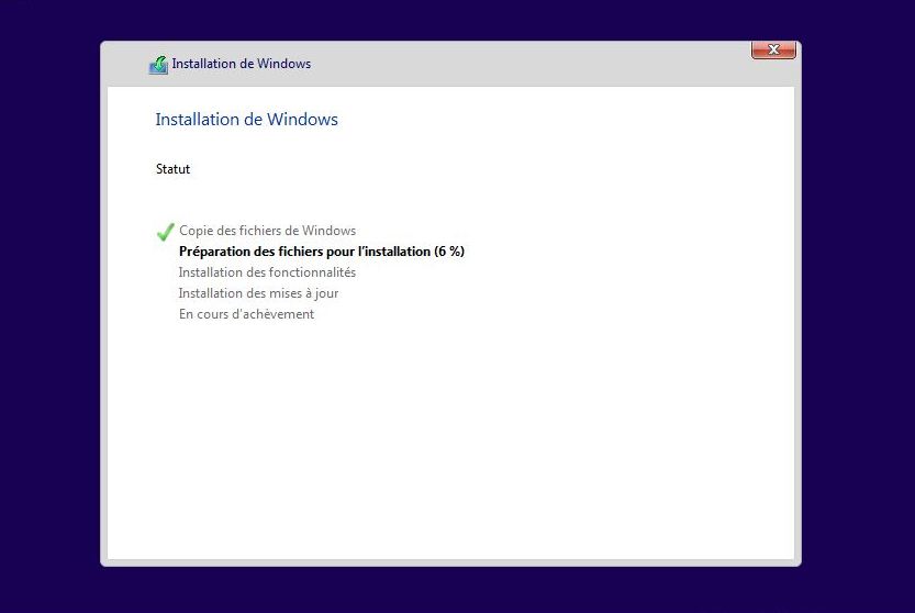Progression de l'installation du système Windows