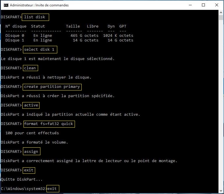 Commandes pour créer une clé USB bootable avec CMD