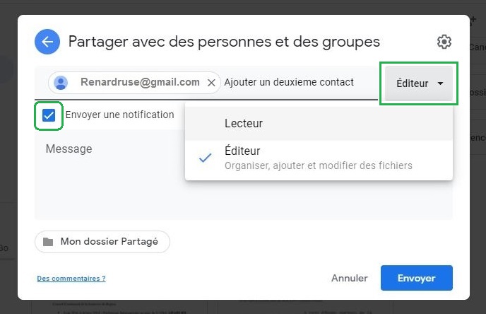 Attribution des droits aux utilisateurs du dossier