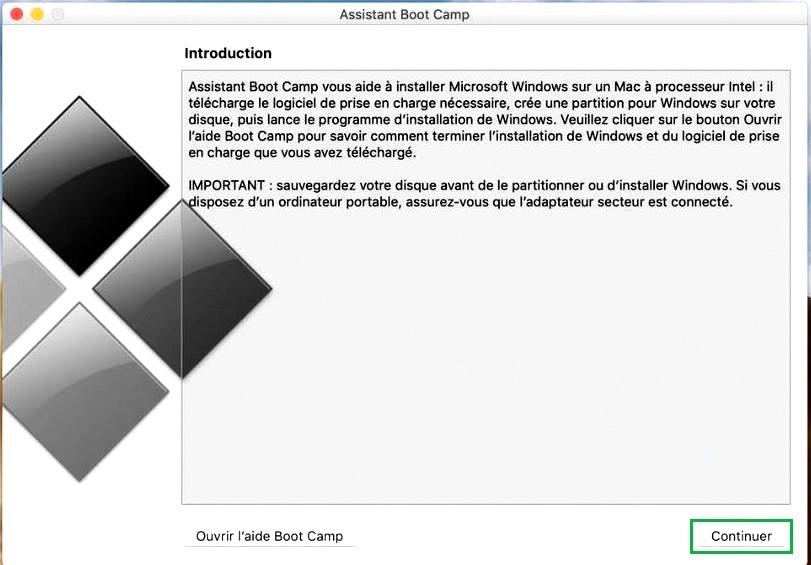 Démarrage de l'installation avec l'assistant Boot Camp