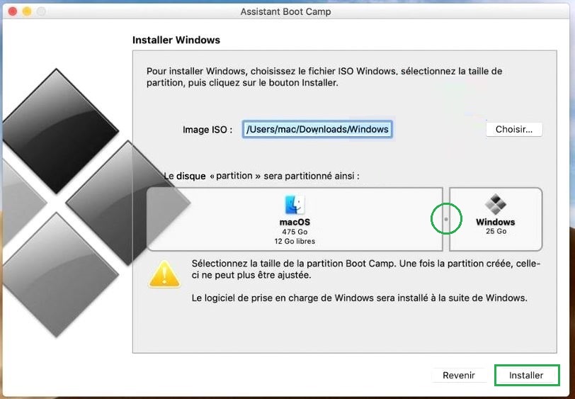 Définition de la taille de partition pour installer Windows