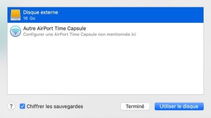 Choix du disque du externe pour la sauvegarde avec Time Machine