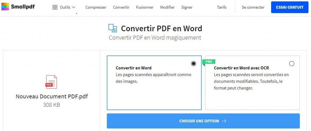 Choix du mode de conversion du PDF avec Smallpdf