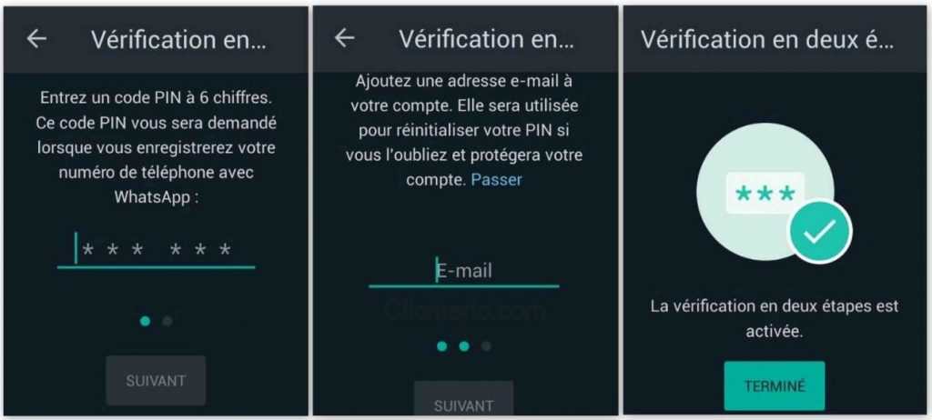 Configuration du code Pin WhatsApp et adresse email