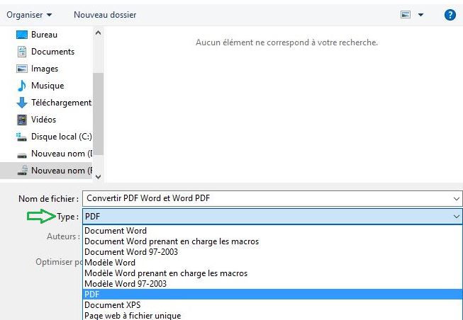Sélection du type de fichier et enregistrement du document Word en PDF avec Office Word