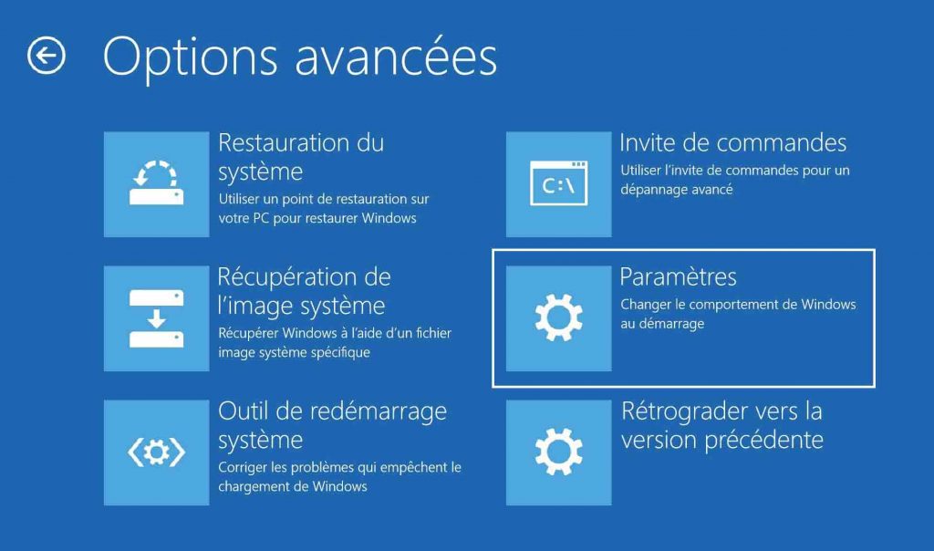 Options avancée de récupération Windows