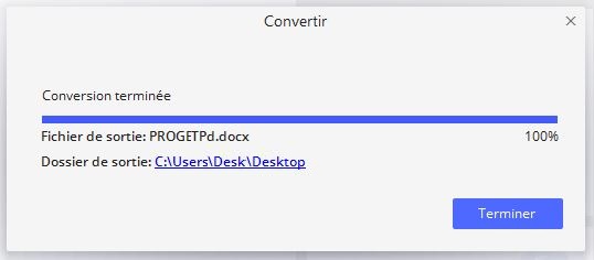 Fin de conversion du PDF en document Word avec PDFelement