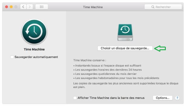 Sélection du disque de sauvegarde avec Time Machine