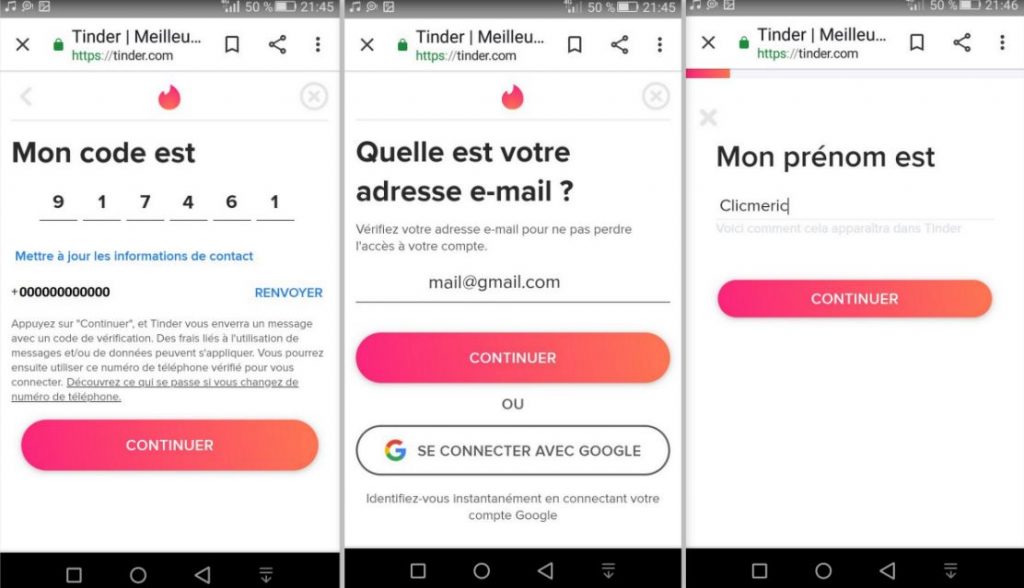 Confirmation du code et configuration du compte Tinder