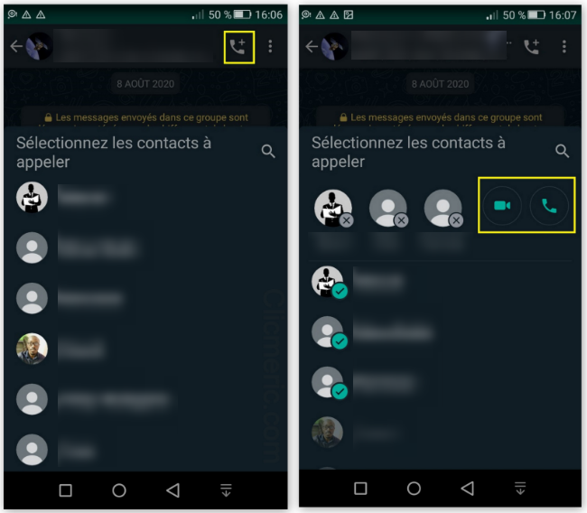 Passation d'appel en visioconférence à partir d'un groupe WhatsApp 