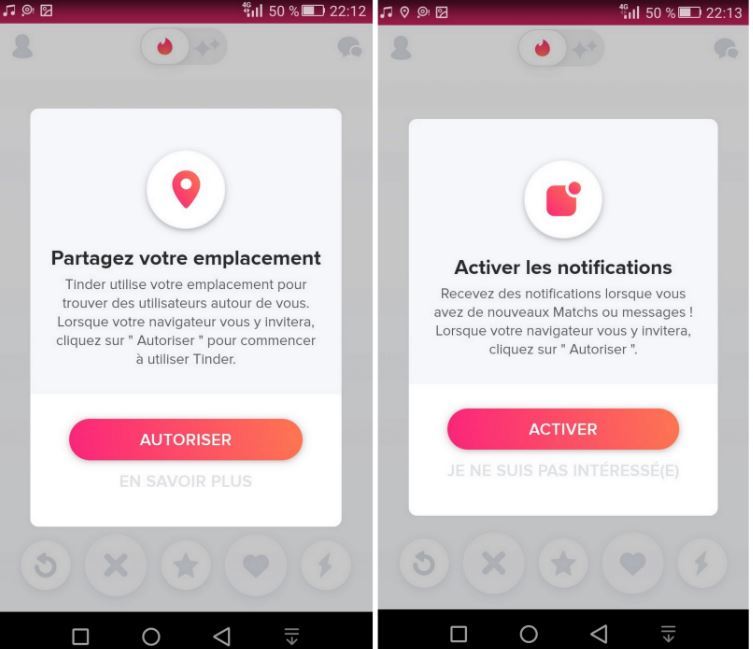 Activation du partage de l'emplacement, activation de notifications et lancement de Tinder