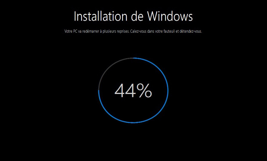 Progression de l'installation de Windows 10