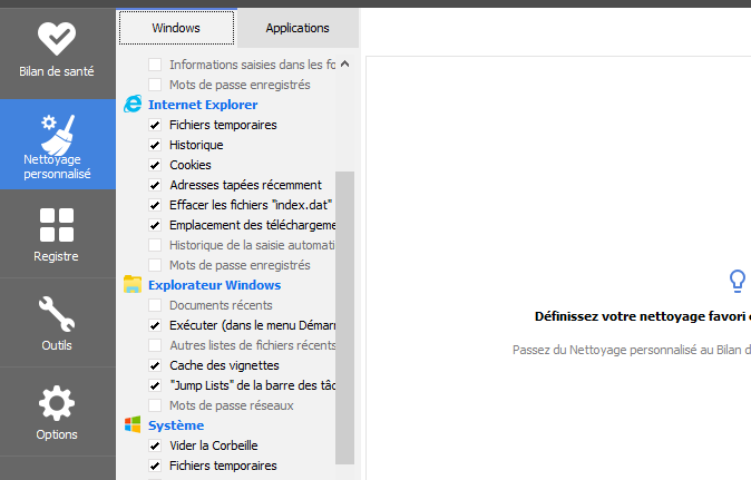 Nettoyage personnalisé dans CCleaner Professionnel