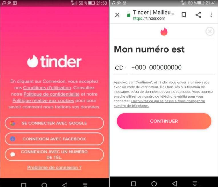 Connexion sur Tinder avec un numéro de téléphone