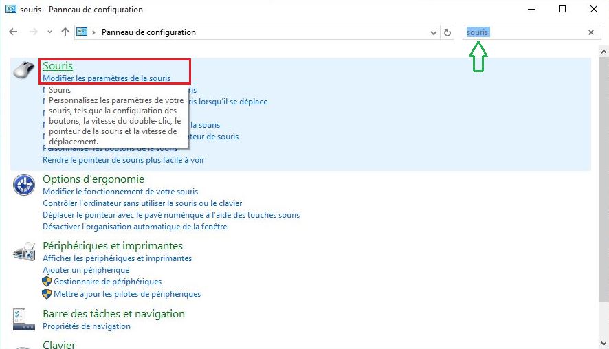 Recherche de la souris dans le panneau de configuration Windows