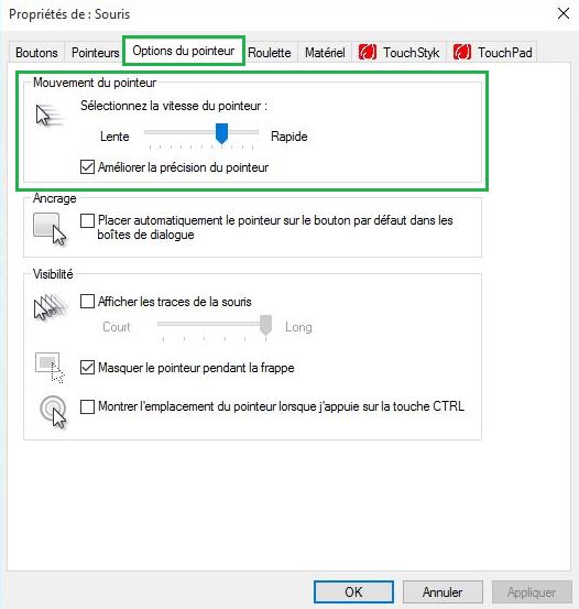 Modification de la vitesse du pointeur de la souris