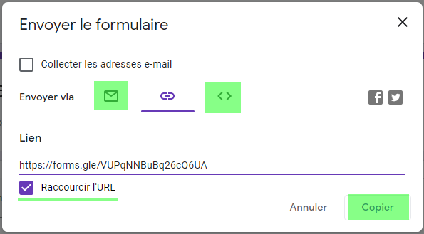 Envoie du questionnaire, copie et partage du lien