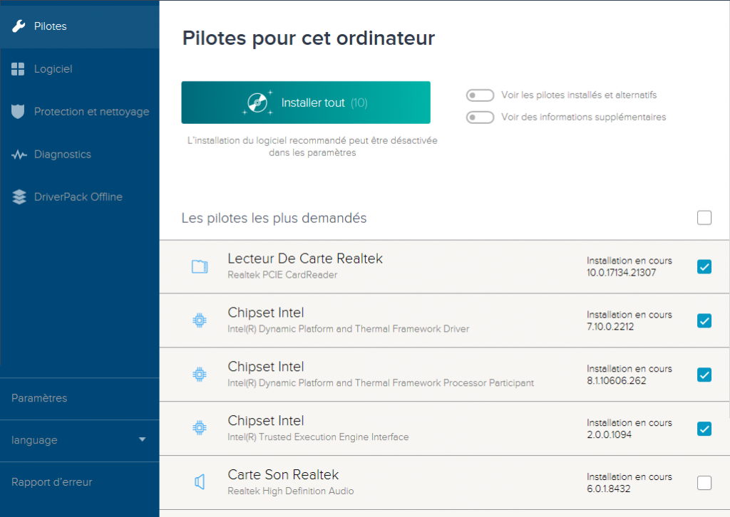 Sélection de pilotes à installer ou mettre à jour