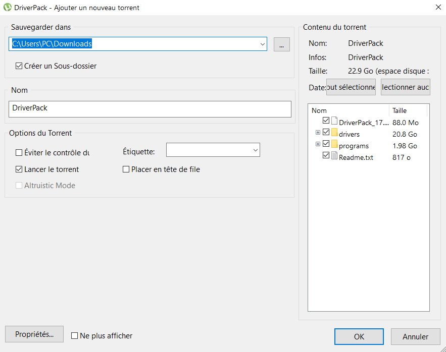 Préparation du téléchargement DriverPack avec uTorrent