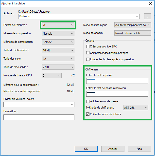 Configuration du dossier avant la compression