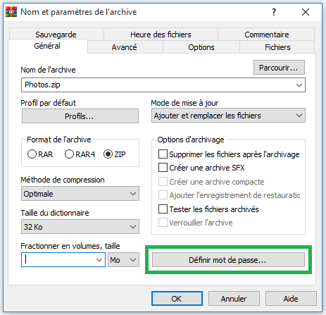 Configuration de l'archivage avec WinRAR