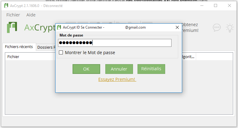 Connexion dans AxCrypt 
