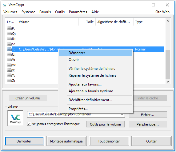 Démontage du volume avec VeraCrypt