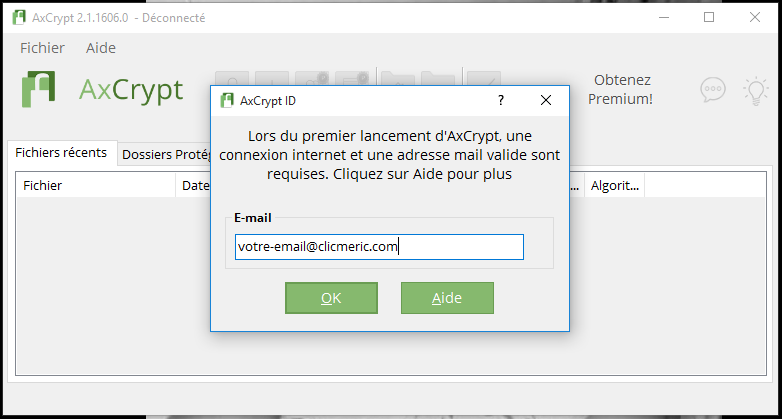 Saisie de l'adresse email pour la première utilisation d'AxCrypt