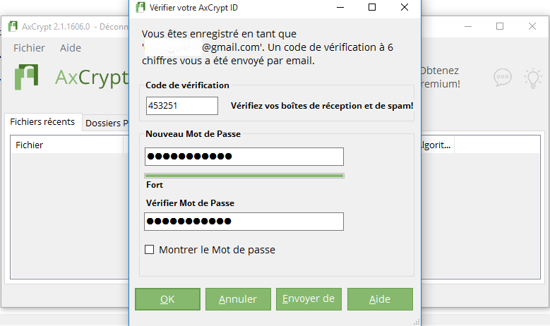 Enregistrement du code de vérification AxCrypt ID et mot de passe