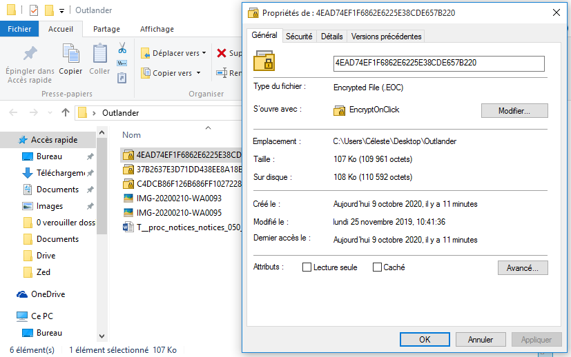 Fin de cryptage avec EncryptOnClick, propriétés des fichiers
