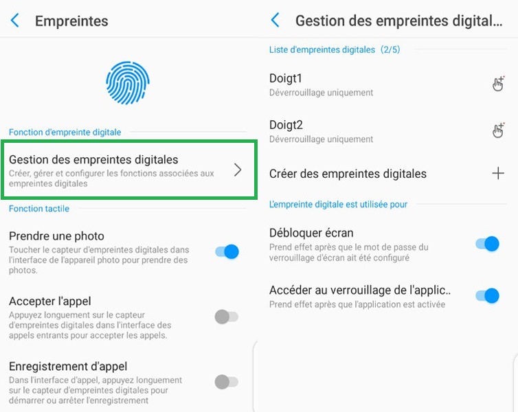 Ajout, gestion des empreintes digitales sur Android