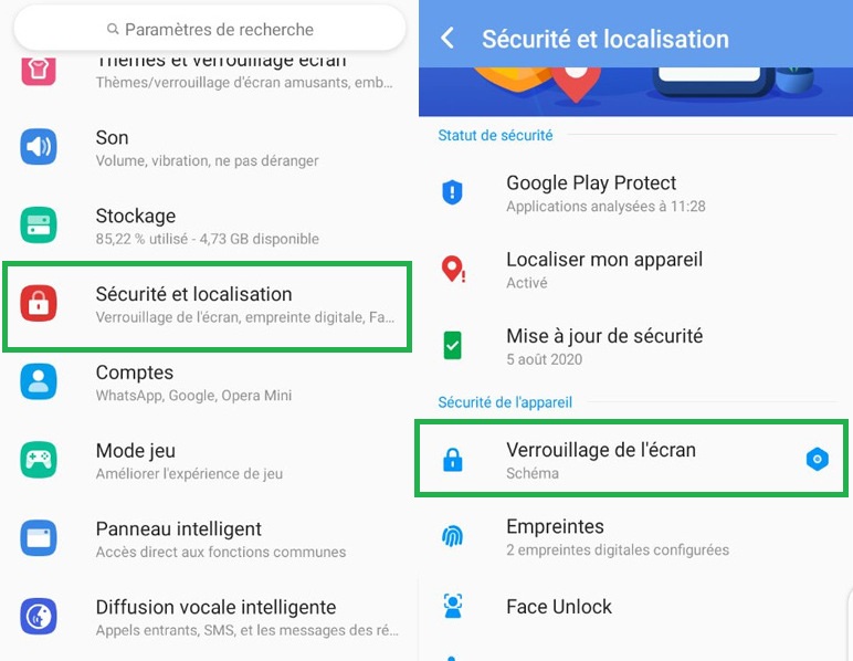 Options de configuration de mot de passe sur Android