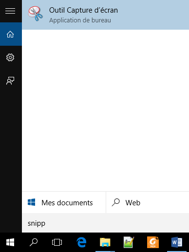 Recherche de l'outil de capture d’écran dans menu démarrer