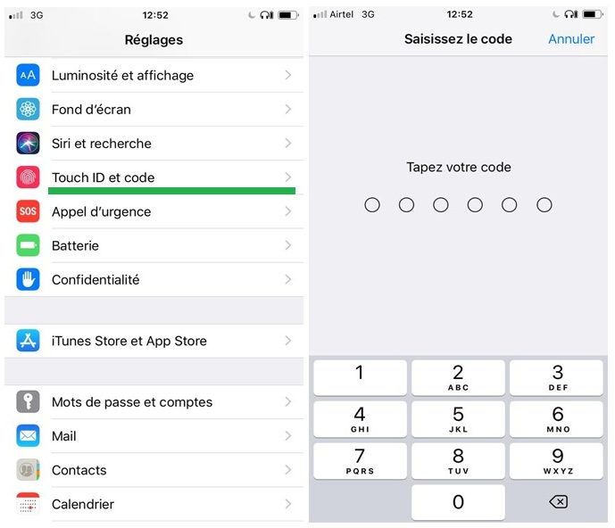 Configuration du code et de Touch ID sur iPhone