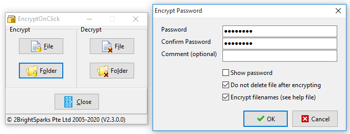 Configuration du mot de passe pour le cryptage du dossier