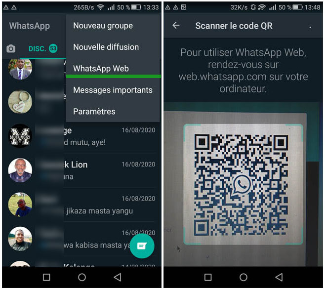 Scan du code QR dans WhatsApp sur smartphone