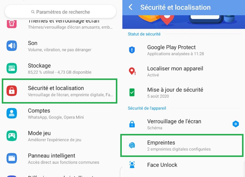 Configuration d'empreinte digitale sur Android