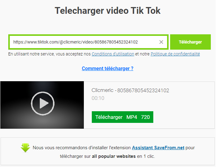 Télécharger la vidéo depuis TikTok avec Savefrom