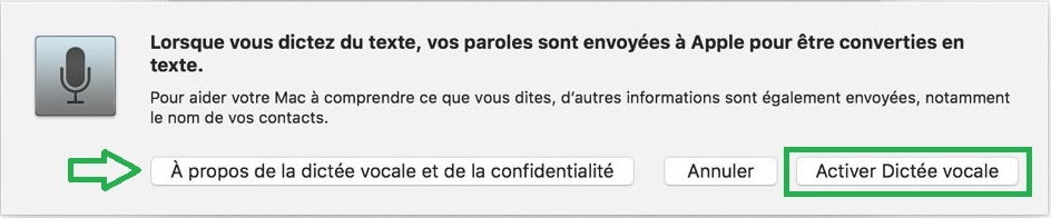 Confidentialités et activation de la dictée vocale sur Mac