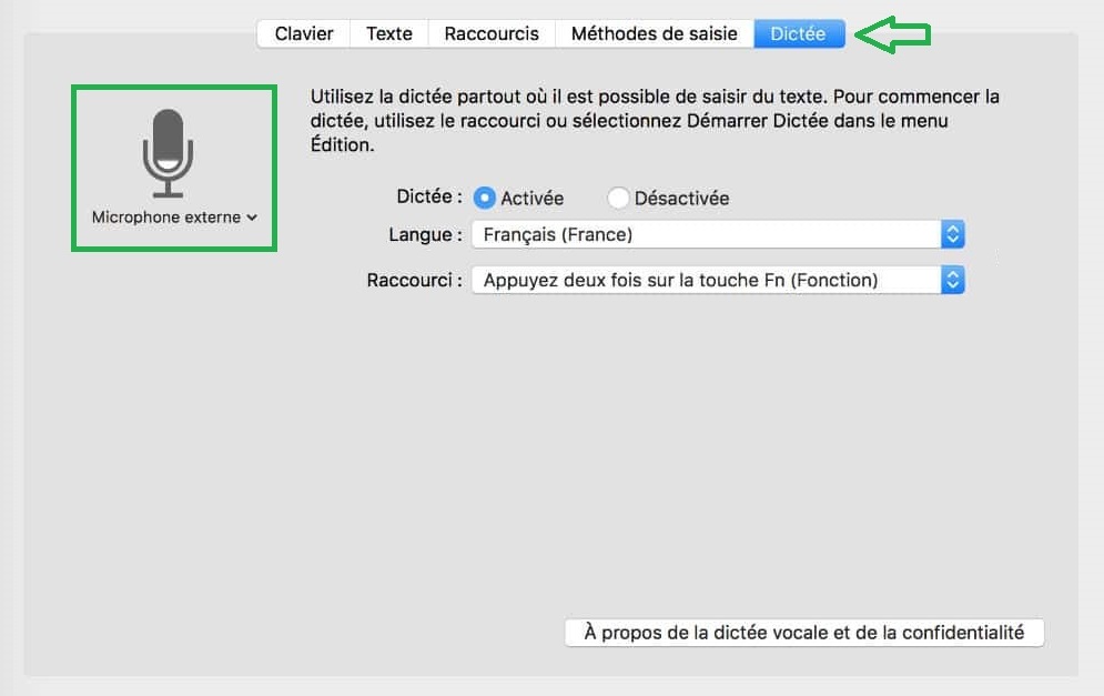 Activation de la dictée vocale et sélection du micro à utiliser