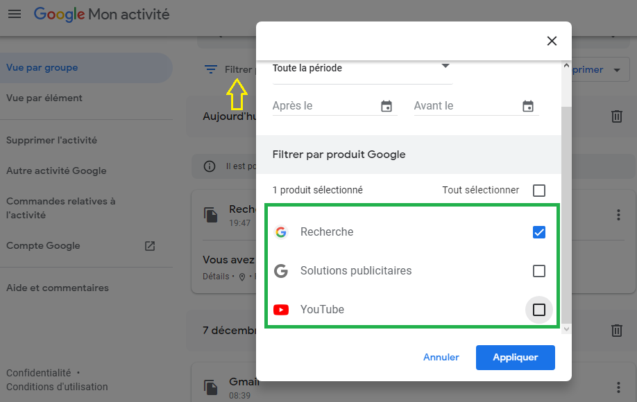 Trier et afficher l'historique des activités sur Google