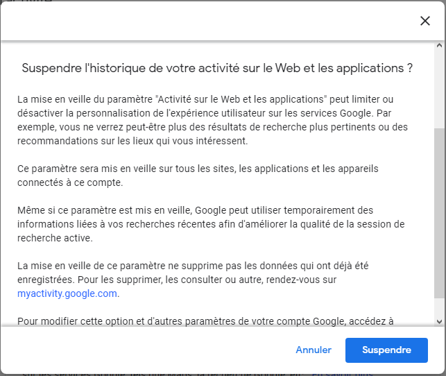 Suspendre l'historique des activités de recherche sur le web et applications Google