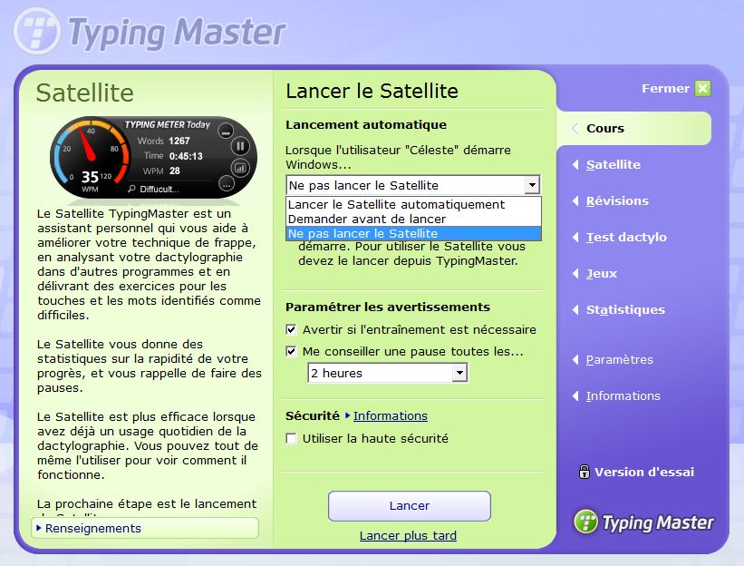 Lancement de Typing Master