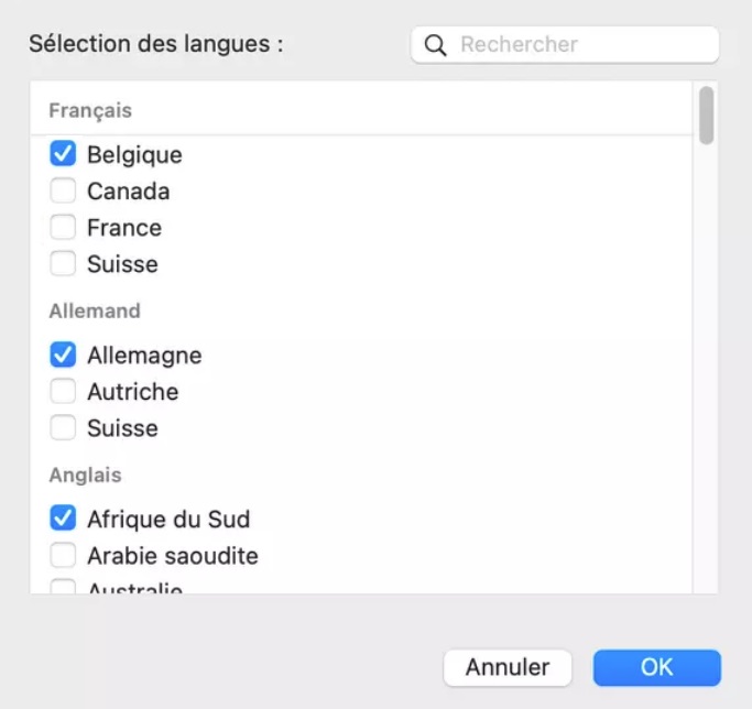 Sélection d'une ou de plusieurs langues de dictée vocale